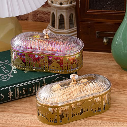 2 Pcs Ramadan Trays with Lid Metal Gold Eid Mubarak Plates Ramadan Moon Candy Dish Table Decorations Food Serving Tray Islam Muslim Al-Fitr Cookie Storage Container for Eid Party Supplies