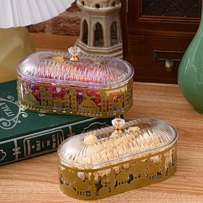 2 Pcs Ramadan Trays with Lid Metal Gold Eid Mubarak Plates Ramadan Moon Candy Dish Table Decorations Food Serving Tray Islam Muslim Al-Fitr Cookie Storage Container for Eid Party Supplies