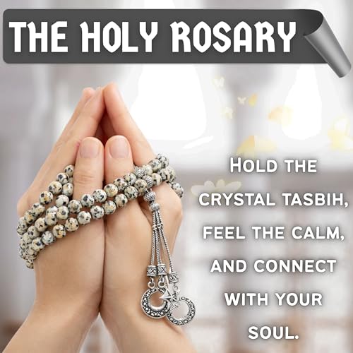 Amazing Gemstone Dalmatian Jasper Tasbeeh with Moon and Star Charm - Certified Crystal Muslim Prayer Beads Natural Gemstone Tasbih Gift for Ramadan Dhikr and Daily Namaz (S) - color: Dalmatian Jasper