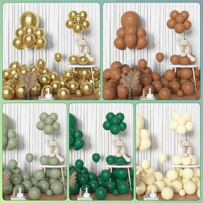 Amandir 153피스 그린 브라운 풍선 가랜드 아치 키트, 다양한 사이즈 45.7cm(18인치), 30.5cm(12인치), 25.4cm(10인치), 12.7cm(5인치), 세이지 그린 아이보리 골드 라텍스 메탈릭 색종이 조각 풍선 사파리 정글 와일드 원 우드랜드 열대 파티 장식용 - color: 브라운 그린.