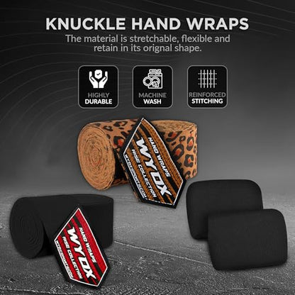 WYOX Boxing Hand Wraps & Gel Knuckle Guards Set for MMA, Muay Thai & Kickboxing - 2 Pair Hand Wraps + 1 Pair Knuckle Guards - Hand Wrist Protection for Men & Women Training - color: Cheeta/Black
