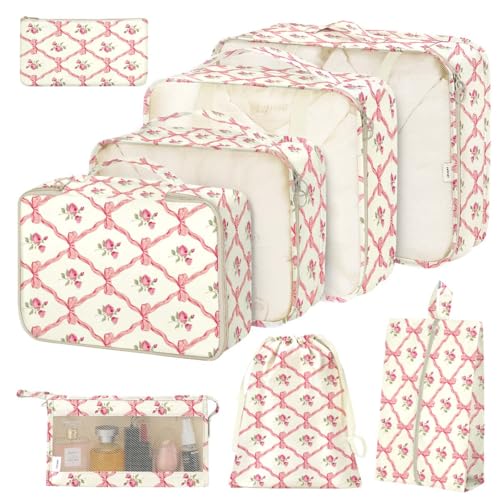 8 Set Packing Cubes for Suitcases,Packing Cube with Shoe, Cosmetics, Clothing, and Accessories Bags Packing Cubes for Travel Luggage Organizer Women Men(Bow Flowers) - color: Bow Flowers