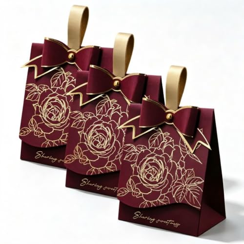 Rodvanvo 30 PCS Candy Gift Box Rose Pattern Bow, Burgundy - color: Burgundy