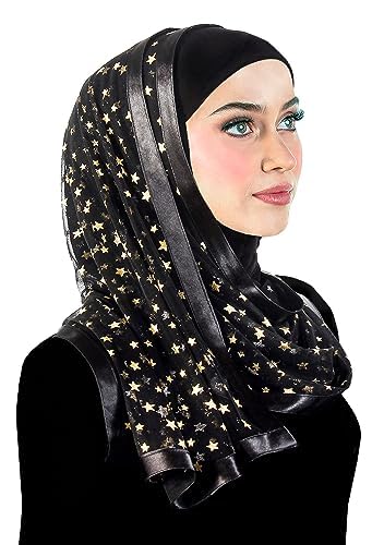 Stylish Mona Hijab Women's Black Kuwaiti with Chiffon Wrap Shawl & Satin Trim - color: Black With Gold Stars