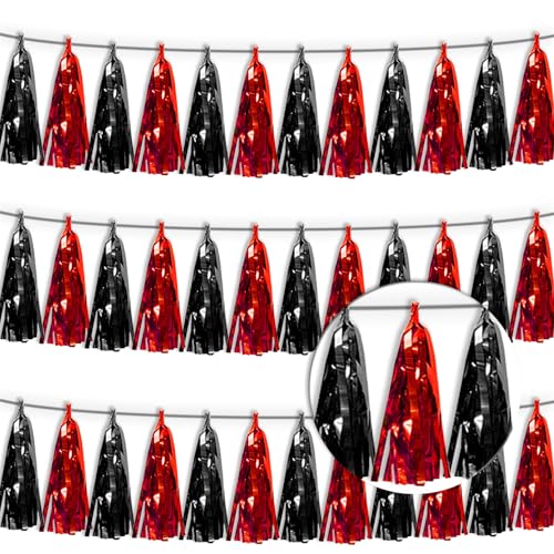 3P Black red Tassel Banner Garland Metallic Foil Fringe Banner Tinsel Tassels Streamer Banner Backdrop for Parade Floats, 2025 Graduation Decorations, Father's Day Party Decoration - color: Black Red
