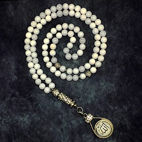 Special Prayer Beads Series -99 beads- Tesbih Tasbih Tasbeeh Misbaha Masbaha Subha Sebha Sibha (White Jade Stone -8 mm 99 Beads- & Zircon Stone Design) - color: White Jade Stone -8 mm 99 Beads- & Zircon Stone Design