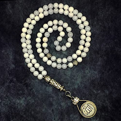 Special Prayer Beads Series -99 beads- Tesbih Tasbih Tasbeeh Misbaha Masbaha Subha Sebha Sibha (White Jade Stone -8 mm 99 Beads- & Zircon Stone Design) - color: White Jade Stone -8 mm 99 Beads- & Zircon Stone Design