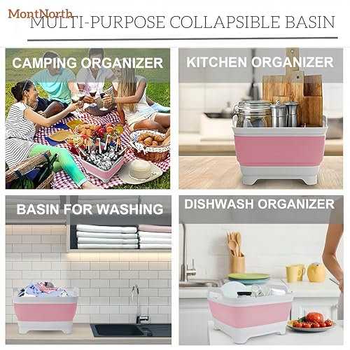 Collapsible Wash Basin 9L, Foldable Dish Tub with Drain Plug, Portable Collapsible Dish Basin, Camping Sink for Washing Dishes, Laundry & Kitchen Use (Pink) - color: Pink - Set of 1