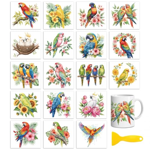 Peacoblue Parrot with Flowers Rub On Transfers for Craft, Transfer Sticker | 18 Sheets UV DTF Transfers, Waterproof Rub On Decals for Wood, Glass, Furniture, Tumblers & Home Decor Crafts - style: Parrot with flowers