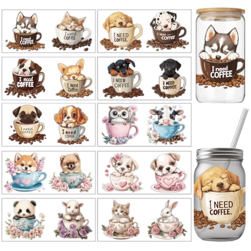arricraft 10 Pcs Colorful Coffee Cup Animal Theme Cup Printing UV Transfer Papers, 10 Styles Dog Cat Rabbit UV DTF Cup Wrap Stickers for 16 OZ Glass Cups Crafts 9.5x4.3inch - style: Coffee Cup Animal Theme