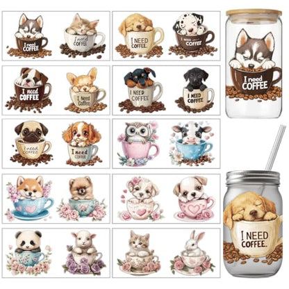 arricraft 10 Pcs Colorful Coffee Cup Animal Theme Cup Printing UV Transfer Papers, 10 Styles Dog Cat Rabbit UV DTF Cup Wrap Stickers for 16 OZ Glass Cups Crafts 9.5x4.3inch - style: Coffee Cup Animal Theme