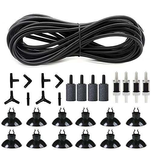 25 Feet 3/16 Inch Standard Aquarium Silicone Airline Tubing | With Air Stones, Check Valves, Suction Cups and Connectors For Fish Tank, Hydroponics (Black) - color: Black