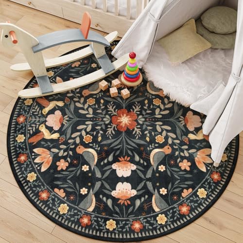 Moynesa Floral Bird Round Rug 6ft Washable Circle Rug Non Slip,Modern Transitional Black Area Rugs for Bedroom Reading Coner,Farmhouse Living Dining Room Aesthetic Carpet Folk Art Home Decor - color: Black, size: 6' (Round)