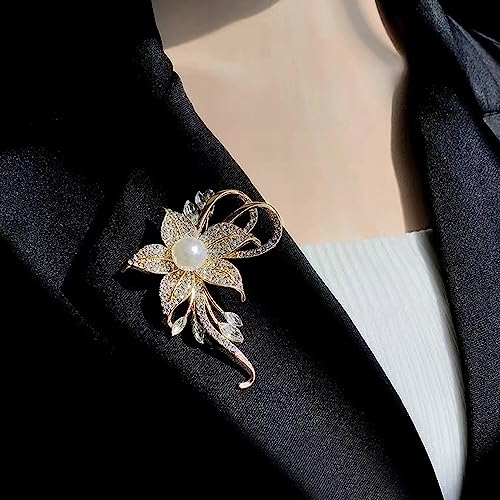 Crystal Pearl Flower Brooches Pins Fashion Beautiful Created Rhinestone Floral Brooch Good Idea for Party Dance Wedding Banquet for Elegant Women Girl - color: Gold Flower