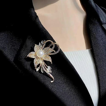 Crystal Pearl Flower Brooches Pins Fashion Beautiful Created Rhinestone Floral Brooch Good Idea for Party Dance Wedding Banquet for Elegant Women Girl - color: Gold Flower