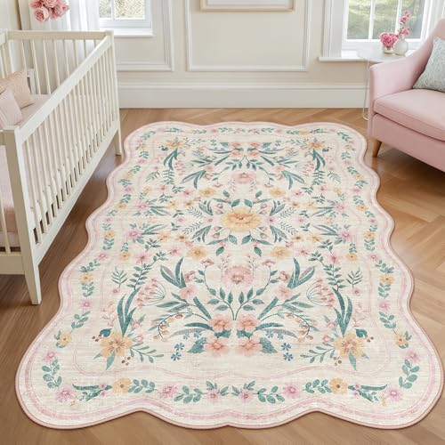 Pink Floral Rug 4X6 for Girls Bedroom or Nursery, Scalloped Cottagecore Washable Non-Slip Area Rug, Cute Soft Boho Carpet for Kids Room, Dorm, or Playroom - color: Pink Scalloped, size: 4' x 6' (Rectangular)