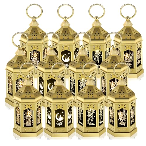 12pcs Gold Ramadan Lantern Lights, Ramadan Decorations, Mini EID Mubarak Candle Lanterns，Ramadan Decorations for Home, Table, wall رمضان للزينة ومصباح رمضان للزينة