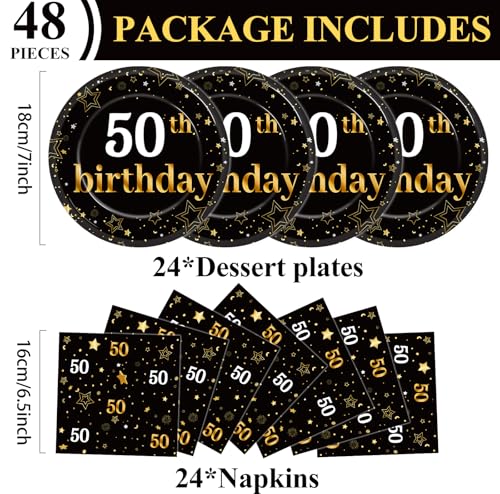 Qyeahkj 48Pcs 50th Birthday Paper Plates and Napkins Black and Gold Happy Birthday Party Decorations Cheers to 50 Years Party Supplies 50 Years Old Disposable Tableware Set for Women Men Serve 24 - style: 50th Birthday