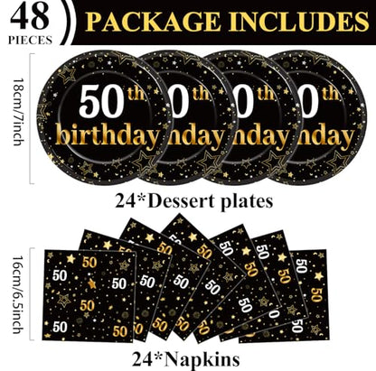Qyeahkj 48Pcs 50th Birthday Paper Plates and Napkins Black and Gold Happy Birthday Party Decorations Cheers to 50 Years Party Supplies 50 Years Old Disposable Tableware Set for Women Men Serve 24 - style: 50th Birthday