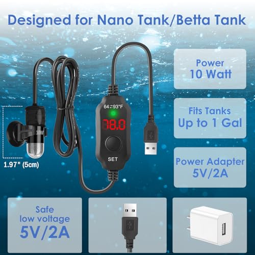 10W Mini Aquarium Heater for up to 1 Gallon Tanks | Super Small 5V/2A USB Fish Tank Heater with Digital Thermostat, Dry-Run & Overheat Protection, Memory Function - size: For Aquariums ≤ 1 Gal