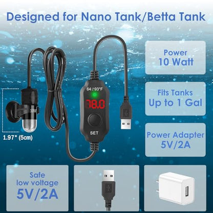 10W Mini Aquarium Heater for up to 1 Gallon Tanks | Super Small 5V/2A USB Fish Tank Heater with Digital Thermostat, Dry-Run & Overheat Protection, Memory Function - size: For Aquariums ≤ 1 Gal