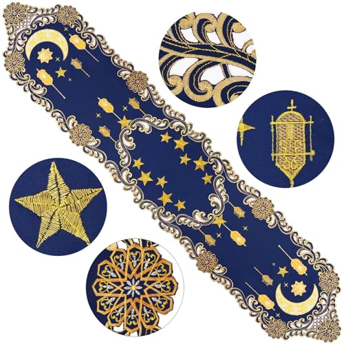 Simhomsen Embroidered Decorative Ramadan Kareem Eid Mubarak Table Runner, Navy Blue and Gold, Ramadan Lantern Design (14 x 54 inches) - size: 14 x 54 inches