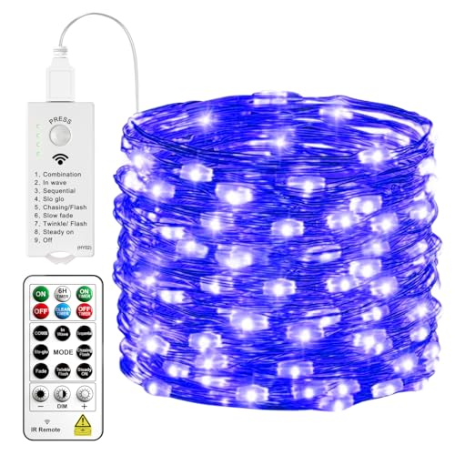 HXWEIYE Rechargeable Fairy Lights with Remote & DIY Timer, 33ft 100LED Battery Operated Twinkle String Lights, 8 Modes Decor Light for Bedroom Indoor Wedding Dorm Christmas Tree Party (Blue) - color: Blue, size: 1 Pack