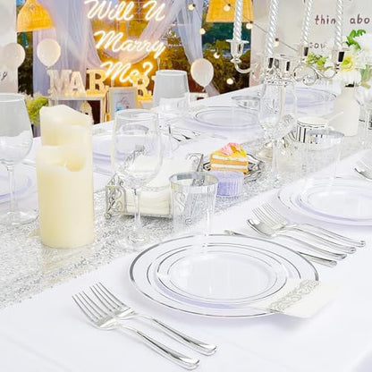 Supernal 400pcs Silver Plastic Dinnerware Set Heavy Duty Disposable Plates Include Silver Plastic Dessert Plates,50 Spoons & Knives & Cups & Napkins & 100 Forks,Prfect For Party and Wedding - color: 400pcs White and Silver Plastic Dinnerware