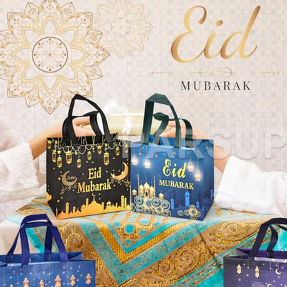 PARSUP Eid Mubarak 재사용 가능한 선물 가방, 선물 포장, 파티 용품용 손잡이가 달린 다양한 크기의 부직포 파티 간식 가방 8개