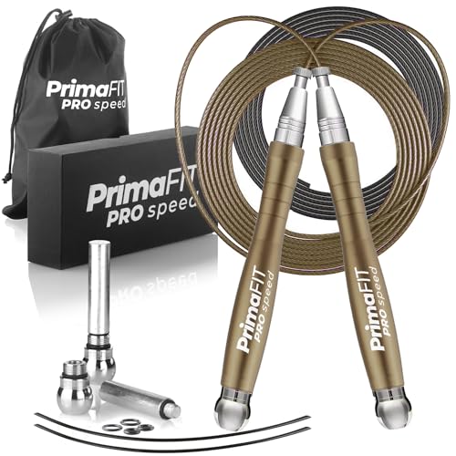 PrimaFIT Jump Rope Pro Speed Skipping Rope Adjustable Adult Jumping Rope Weighted Aluminium Handles for Double Dutch Boxing Workout Crossfit Exercise Fitness Spare Cable Weights Protectors Carry Bag - color: Bronze