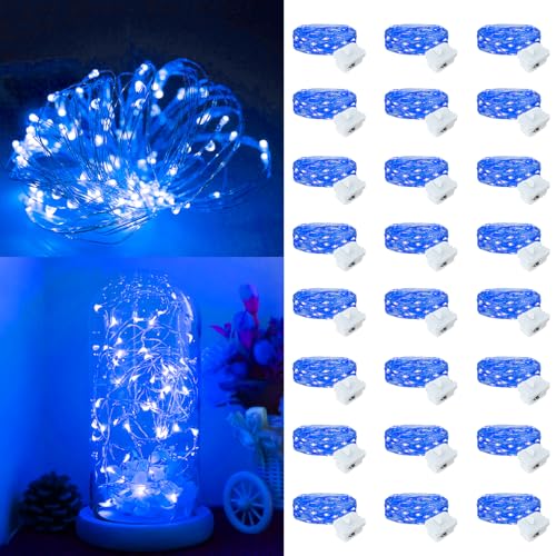 24 Pack Fairy Lights Battery Operated, 7ft 20 LED 3 Modes Speed Twinkle Mini String Lights Waterproof Silver Wire Firefly Starry Lights for Mason Jars Wedding Party Christmas Decorations - color: Blue, size: 24 Pack