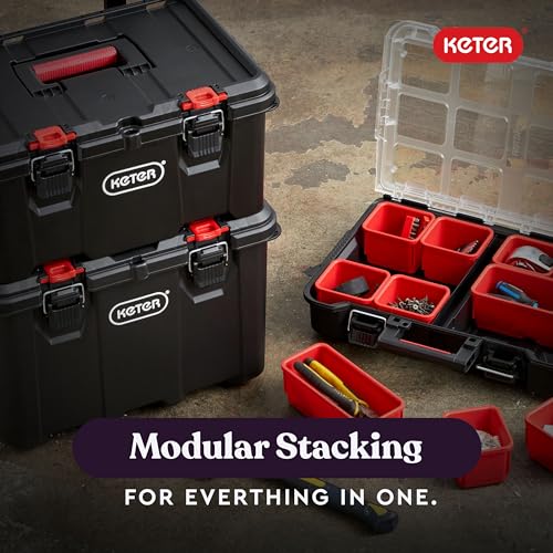 Keter Stack N Rolling Tool Box Modular Storage System 3 Piece | Black and Red, Heavy Duty, Weatherproof, All Terrain Wheels, Durable, Easy to Use, Telescoping Handle - color: Black/Red, size: 3PC System