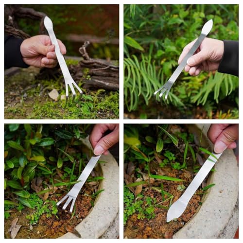 JianLing Stainless Steel Three Prong Root Rake Bonsai Soil Aerator Potted Plant Soil Oxygenator Weed Removal Tool 200mm Silver for Balcony Garden Horticulture Accessories Triple Prong Design