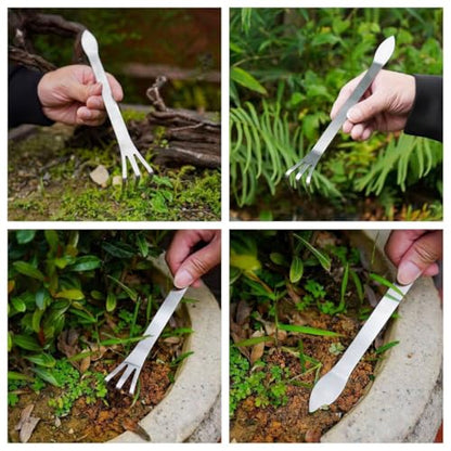 JianLing Stainless Steel Three Prong Root Rake Bonsai Soil Aerator Potted Plant Soil Oxygenator Weed Removal Tool 200mm Silver for Balcony Garden Horticulture Accessories Triple Prong Design