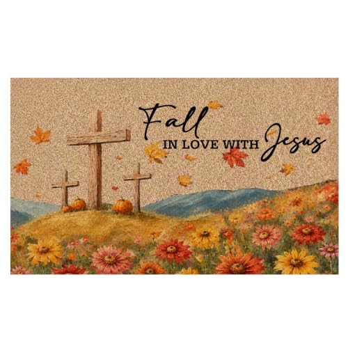Christian Cross Fall Faux Coco Coir Doormat Door Mat 17x30 - color: Fall 03