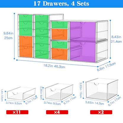 ARSTPEOE 17-Drawer Acrylic Storage & Makeup Organizer for Desk, Bath | Smooth-glide drawers, clear acrylic, 4-set stackable, dustproof, wipe-clean, for serum samples, sheet masks, bobby pins - size: 17 Drawers