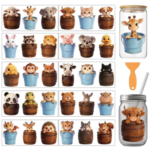 arricraft 10 Pcs Animal Buckets Theme PVC Cup Transfer Stickers, Animal in Iron Wooden Buckets UV Waterproof Cup Sticker for 16 oz Glasses Window Home Printing Decoration 24x11cm - style: Animal Buckets Theme