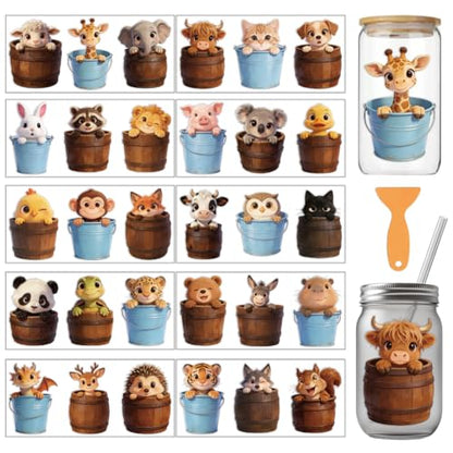 arricraft 10 Pcs Animal Buckets Theme PVC Cup Transfer Stickers, Animal in Iron Wooden Buckets UV Waterproof Cup Sticker for 16 oz Glasses Window Home Printing Decoration 24x11cm - style: Animal Buckets Theme