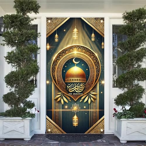 Eid Mubarak Door Cover Banner 71x35 Inch Islamic Golden Dome and Crescent Moon Ramadan Kareem Decoration for Home Mosque and Festival Celebration - color: Style 4