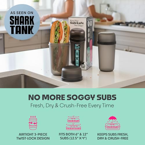SubSafe 3-Piece Sub Sandwich Container, Charcoal Grey - As Seen on Shark Tank - Waterproof, Crushproof, BPA-Free Food Storage that Floats - Fits 6 & 12 in Subs - Great for Travel, Beach, Camping - color: Charcoal Grey 3 piece