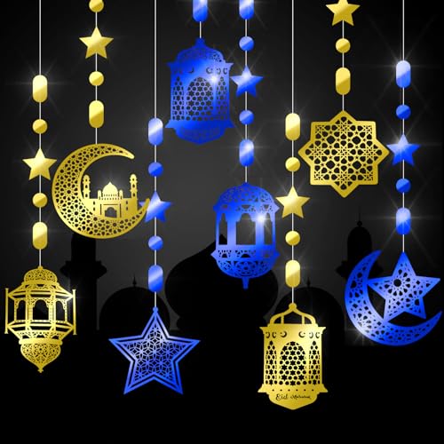 Zonon 24 Pcs Islamic Star Moon Lantern Ramadan Garland Eid Decoration Streamer Ramadan Mubarak Party Banner Backdrop Shining Hanging Wall Decorations for Home Wedding Decor Islam Party(Gold, Blue) - color: Gold, Blue