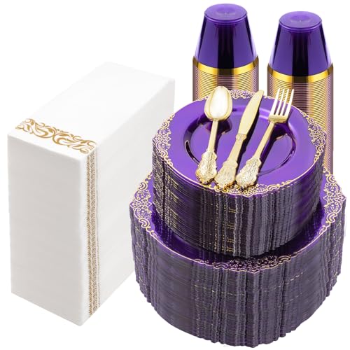 Bestluck 700PCS Clear Purple Plastic Plates for 100 Guests - color: Purple, size: 100 Guests