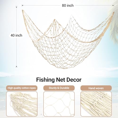 14 Pack 80 x 40 in Natural Cotton Fishnet Decoration Wall Hanging Fishing Net Decor Underwater, Mermaid, Pirate, Hawaiian, Nautical Ocean Theme Beach Bash Party Decorations, Beige