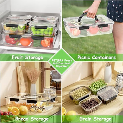 LOTKEY 5 Pack Fruit Storage Containers for Fridge, Divided Serving Tray with Lid and Handle Portable Snack Box Container BPA-Free Fridge Organizer Bins for Fruit, Veggie, Snack, Nuts