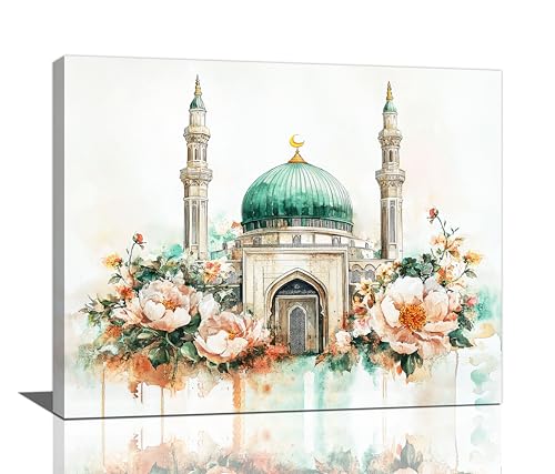Islamic Wall Art Muslim Pictures Wall Decor Watercolor Arabic Medieval Prints Canvas Painting Framed Modern Artwork Home Decoration for Living Room Bathroom Bedroom Office 16"X20" - color: Mosque, size: 16"L x 20"W
