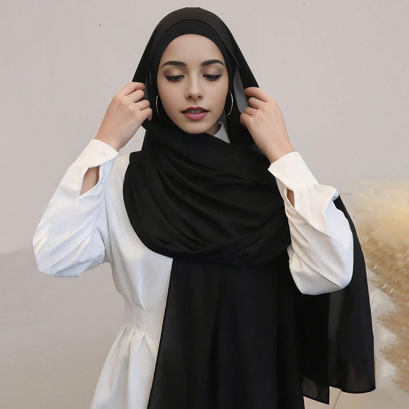 Chiffon Hijab Scarf Head Wrap Lightweight Scarves for Women Pashmina Shawls and Wraps for Evening Dresses Solid Color - color: Black 1#