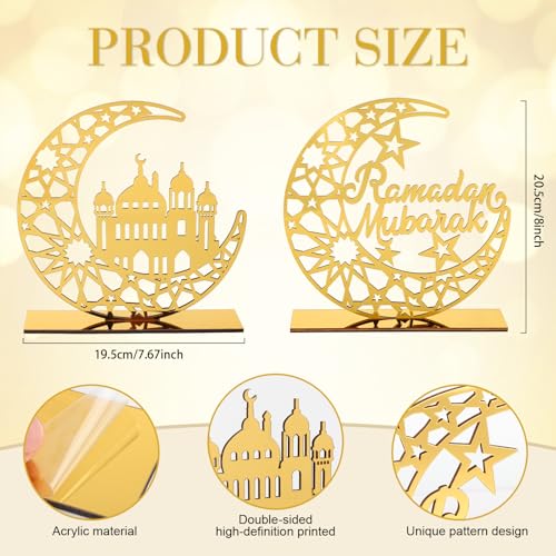 2 Pieces Acrylic Ramadan Decorations Islamic Eid Mubarak Kareem Table Sign Moon Hollow Star Ornament for Muslim Party Tabletop Decor Home Art Craft Decoration Golden Moon - style: House Ramadan