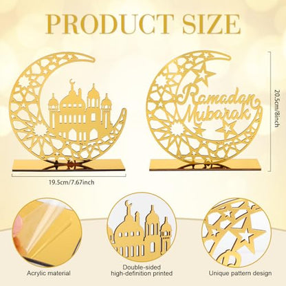2 Pieces Acrylic Ramadan Decorations Islamic Eid Mubarak Kareem Table Sign Moon Hollow Star Ornament for Muslim Party Tabletop Decor Home Art Craft Decoration Golden Moon - style: House Ramadan