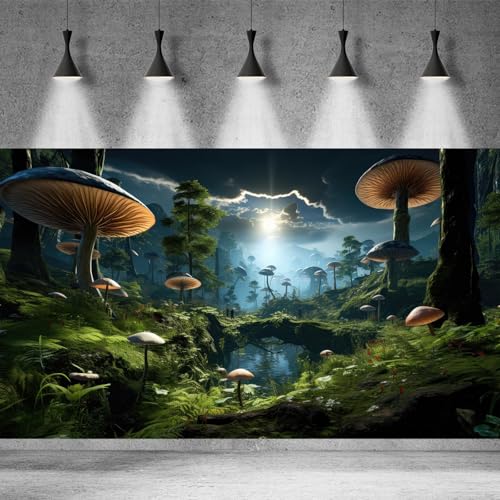 Fantasy Mushroom Landscape Aquarium Background Tranquil Stream Mushrooms Night Cloudy Scenery Fish Tank Background Tropical Forest Lush Green Trees Terrarium Tank Background Poster 30x18in
