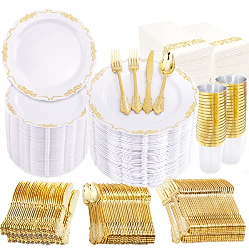 supernal 100Pcs Gold Plastic Dinnerware Set, Disposable Plates for Wedding - color: White and Gold, size: 800pcs